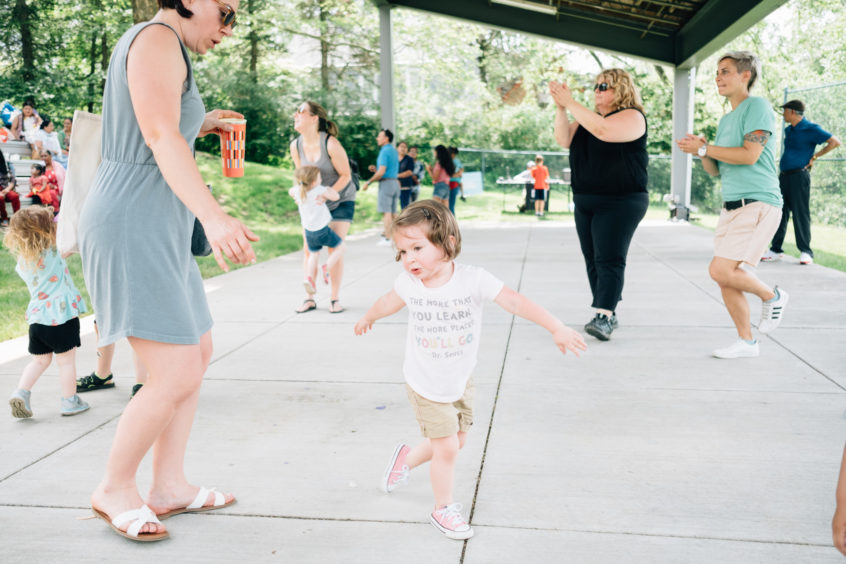 Young children and adults dance at Ultimate Play Day 2019.