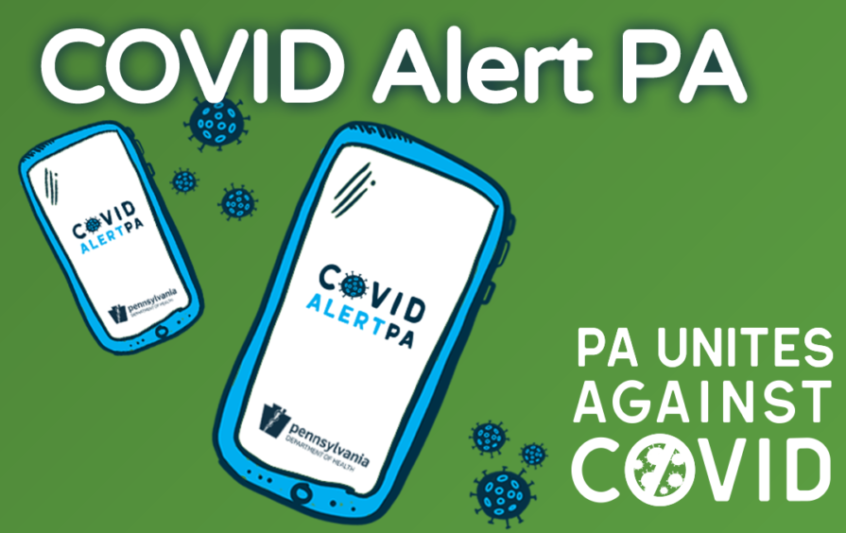 Image: Green background with white text and drawn images of cellphones. The white text reads, "COVID Alert PA" and "PA Unites Against COVID."
