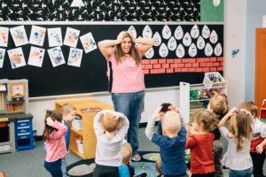 A teacher stands in front of a class of young preschool students and they act out putting their hands on their head