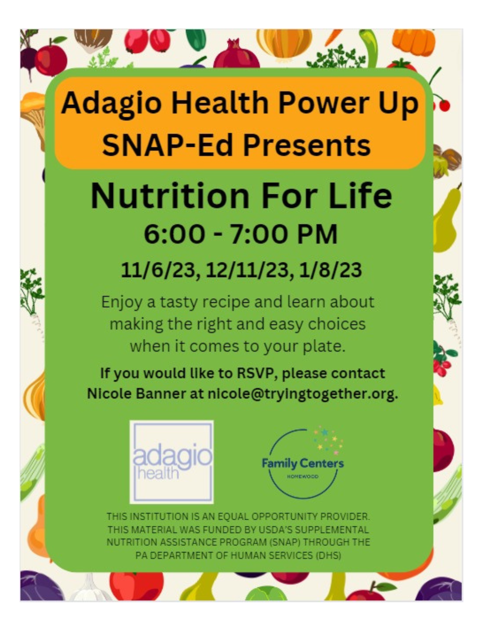 Adagio Health Power Up and SNAP-Ed Nutrition for Life Virtual Cooking Classes